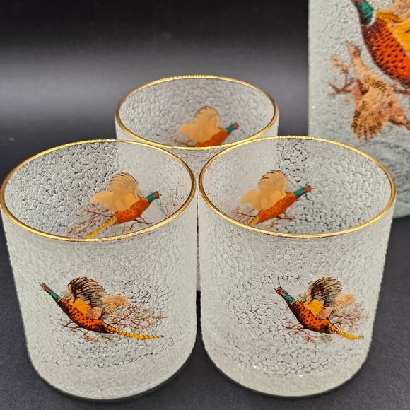 Vintage Pebble Rock Martini Pitcher Set Pheasant Gold Rim 6 Glasses Stirrer 50s - Picture 3 of 9